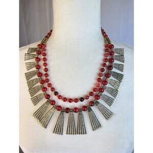 Egyptian Revival Cherry Red Beaded Gold Tone Metal Layer Statement Bib Necklace